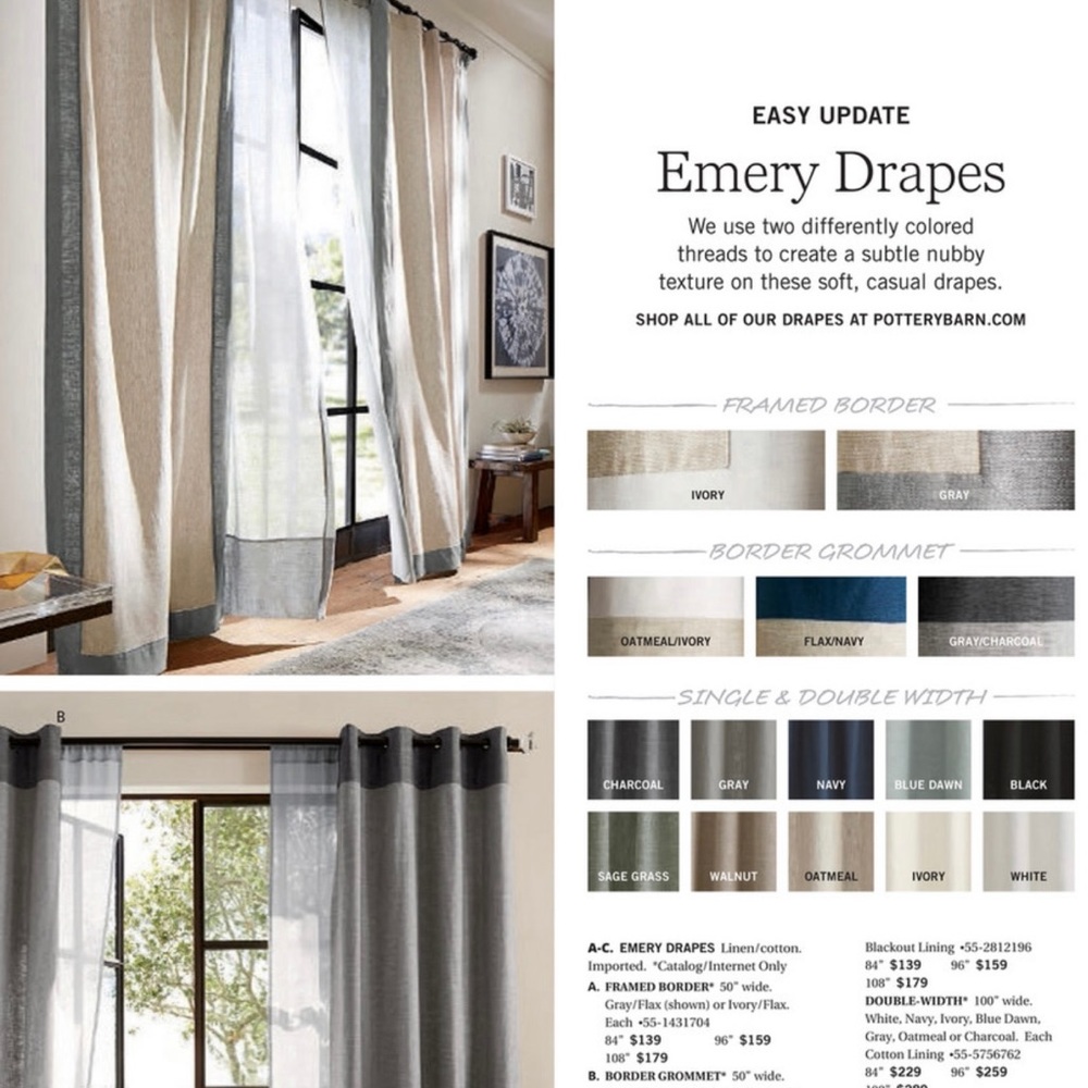 Pottery Barn Emery border drapes. 50x96. Set includes 4 panels and rings.